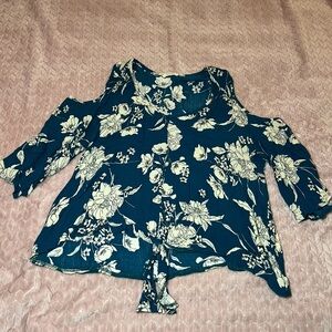 Floral Cold Shoulder Top - Blue and Cream